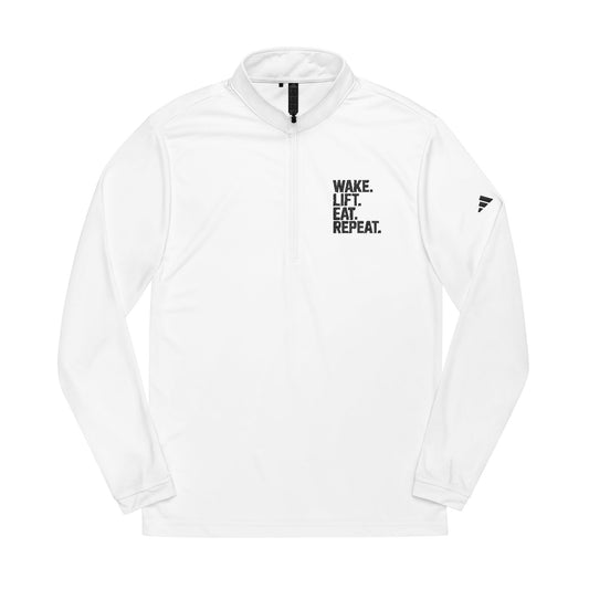 "Wake Lift Eat Repeat" Embroidered Adidas® Quarter-Zip Pullover (White)