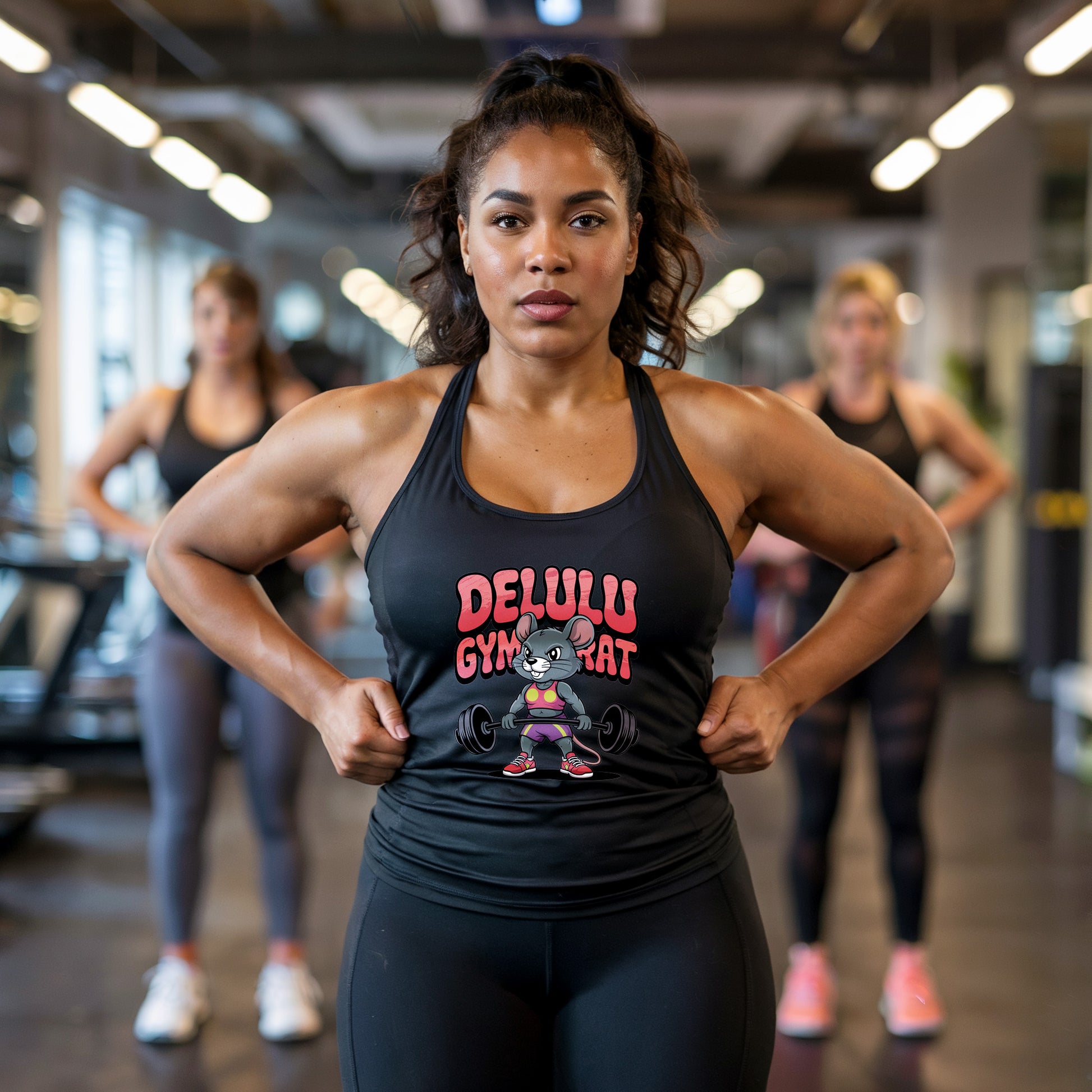 Photo of woman wearing the Delulu Gym Rat  Women's Athletic Racerback  in color black 
